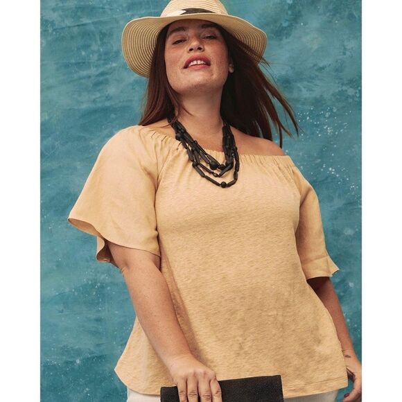 Chico's Linen Off Shoulder Ruffle Sleeve Tee Blouse Tan Size 2 Large Bohemian - Picture 1 of 12